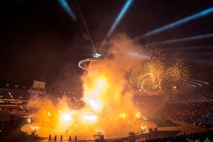 (Chris Detrick  |  The Salt Lake Tribune)  Fireworks explode during the Pyeongchang 2018 Winter Olympics opening ceremony at Olympic Stadium Friday, February 9, 2018.  