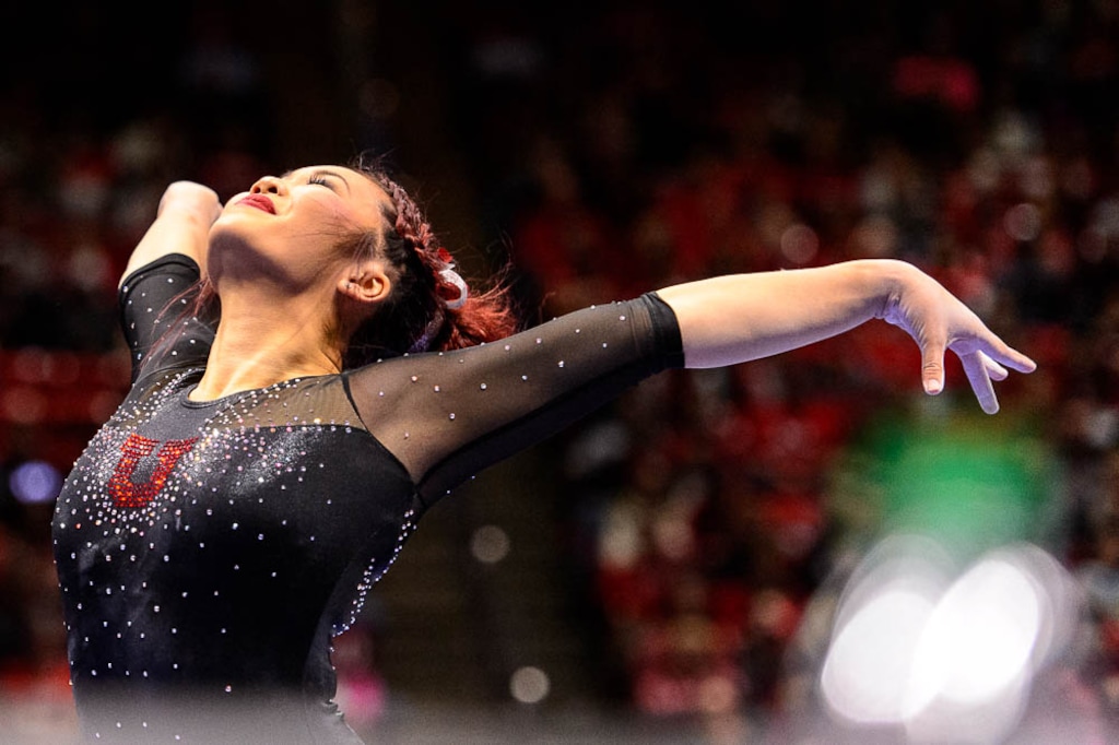 Trent Nelson  |  The Salt Lake TribuneUtah's Kari Lee on the beam as the University of Utah hosts Cal, NCAA Gymnastics at the Huntsman Center, Saturday February 4, 2017.