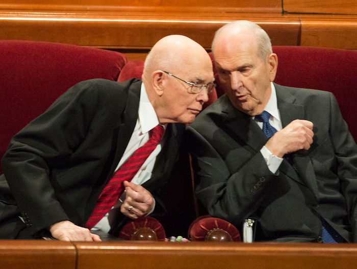 (Rick Egan  |  The Salt Lake Tribune)         Dallin H. Oaks visits with Russel M. Nelson before the morning session of the 188th Annual General Conference in Salt Lake City,  Saturday, March 31, 2018.