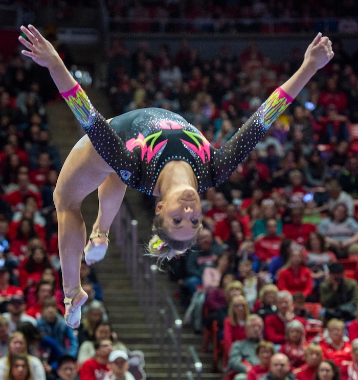 (Rick Egan  |  The Salt Lake Tribune)  MyKayla Skinner competes on the balance beam,  in PAC-12 Gymnastics action between the Utes and The California Golden Bears, in the Jon M. Huntsman Center, in Salt Lake CIty, Saturday, Feb. 9, 2019.


