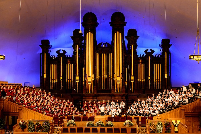 (Trent Nelson | The Salt Lake Tribune)  The Mormon Tabernacle Choir warms up prior to funeral services for Elder Robert D. Hales at the Salt Lake Tabernacle in Salt Lake City Friday October 6, 2017.