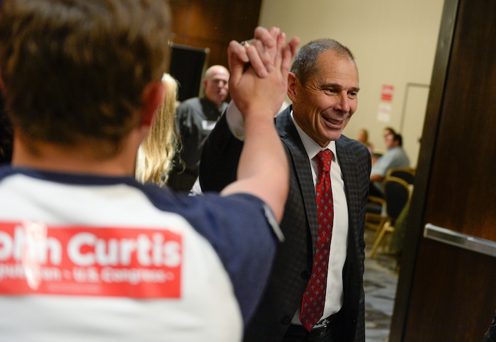 (Francisco Kjolseth  |  The Salt Lake Tribune)  John Curtis, Republican candidate for the 3rd Congressional District, awaits election results as he meets with supporters during his election night watch party at the Provo Marriott Hotel & Conference Center Tuesday, Nov. 7, 2017. Curtis was declared the winner soon after polls closed and will fill the congressional seat recently vacated by Rep. Jason Chaffetz.