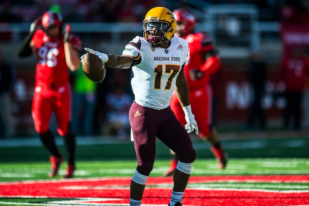 (Chris Detrick  |  The Salt Lake Tribune)  Arizona State Sun Devils wide receiver Ryan Newsome (17) celebrates after converting a first down during the game at Rice-Eccles Stadium Saturday, October 21, 2017.  Arizona State Sun Devils defeated Utah Utes 30-10.
