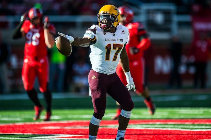 (Chris Detrick  |  The Salt Lake Tribune)  Arizona State Sun Devils wide receiver Ryan Newsome (17) celebrates after converting a first down during the game at Rice-Eccles Stadium Saturday, October 21, 2017.  Arizona State Sun Devils defeated Utah Utes 30-10.