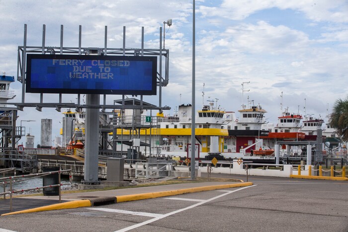 The ferry terminal is closed due to Hurricane Laura Wednesday, Aug. 26, 2020 in Galveston, Texas. (Brett Coomer/Houston Chronicle via AP)