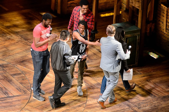 (Trent Nelson | The Salt Lake Tribune) Ivan Padilla, Bailey Beacham and Alton Phonepraseuth of Granger High School are celebrated after their performance by members of the "Hamilton" cast as part of the Hamilton Education Project, or EduHam, held at the Eccles Theater in Salt Lake City, Friday May 4, 2018.