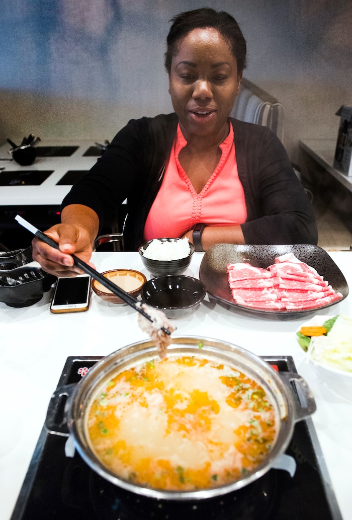 (Rick Egan  |  The Salt Lake Tribune)   Andrea Hall dines at Tonkotsu Shabu Shabu Bar, a new Japanese hot pot restaurant in West Valley City, Thursday, Aug. 17, 2017.