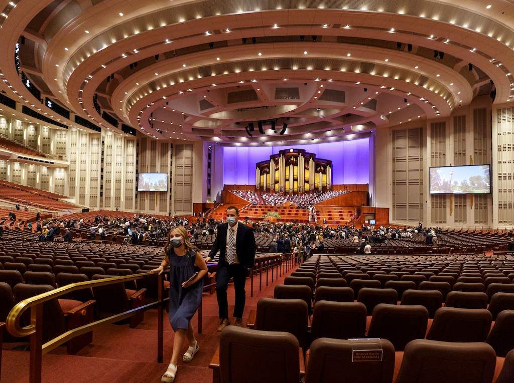 (Leah Hogsten | The Salt Lake Tribune)  Conferencegoers leave the Conference Center during the  afternoon session of the 191st General Conference of The Church of Jesus Christ of Latter-day Saints in Salt Lake City on Saturday, Oct. 2, 2021. The conference was livestreamed worldwide but seating was limited at the center due to COVID-19.