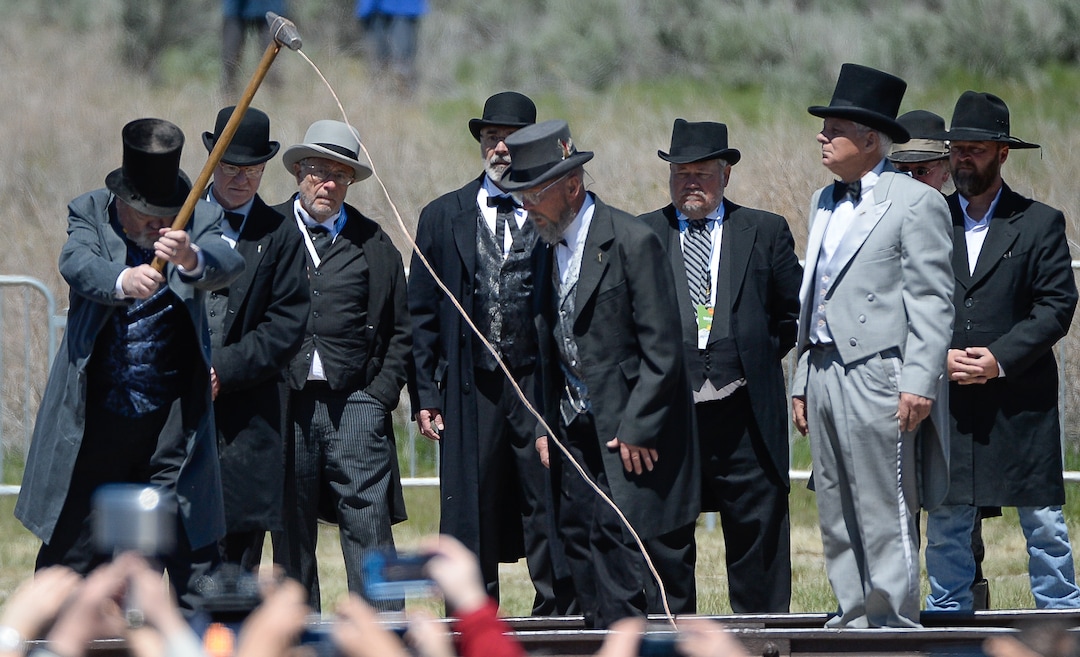 (Francisco Kjolseth  |  The Salt Lake Tribune) The Golden Spike Association creates a historical reenactment on Friday May 10, 2019, in celebration of the 150th anniversary of the completion of the transcontinental railroad at Promontory Summit where the two rails met back on May 10, 1869.
