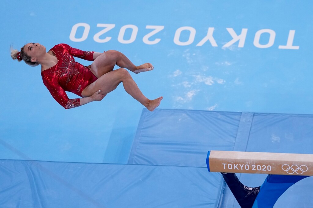 (Morry Gash | AP) Mykayla Skinner, of United States, performs on the beam during women's artistic gymnastic qualifications at the 2020 Summer Olympics, Sunday, July 25, 2021, in Tokyo.