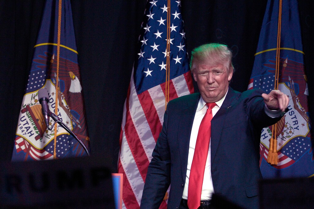 Leah Hogsten | The Salt Lake Tribune
Republican presidential candidate Donald Trump speaks during a campaign rally at Infinity Event Center, Friday, March 18, 2016 in Salt Lake City, Utah.
