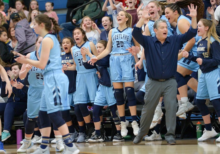 (Leah Hogsten  |  The Salt Lake Tribune) Westlake celebrates Westlake's Tatum Peterson's (23) 3-pointer in overtime to bring them within two points of Fremont. Fremont defeated Westlake 54-50 in their semifinal game of the 6A High School Girls' Basketball Tournament at SLCC in Taylorsville, Friday, Feb. 23, 2018. 