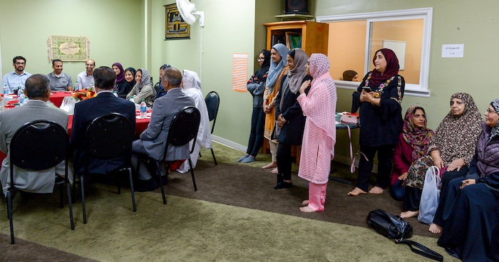 Leah Hogsten  |  The Salt Lake Tribune  U.S. Senate candidate Mitt Romney speaks to Utah Islamic Center members, Oct. 26, 2018 before Friday special prayers.