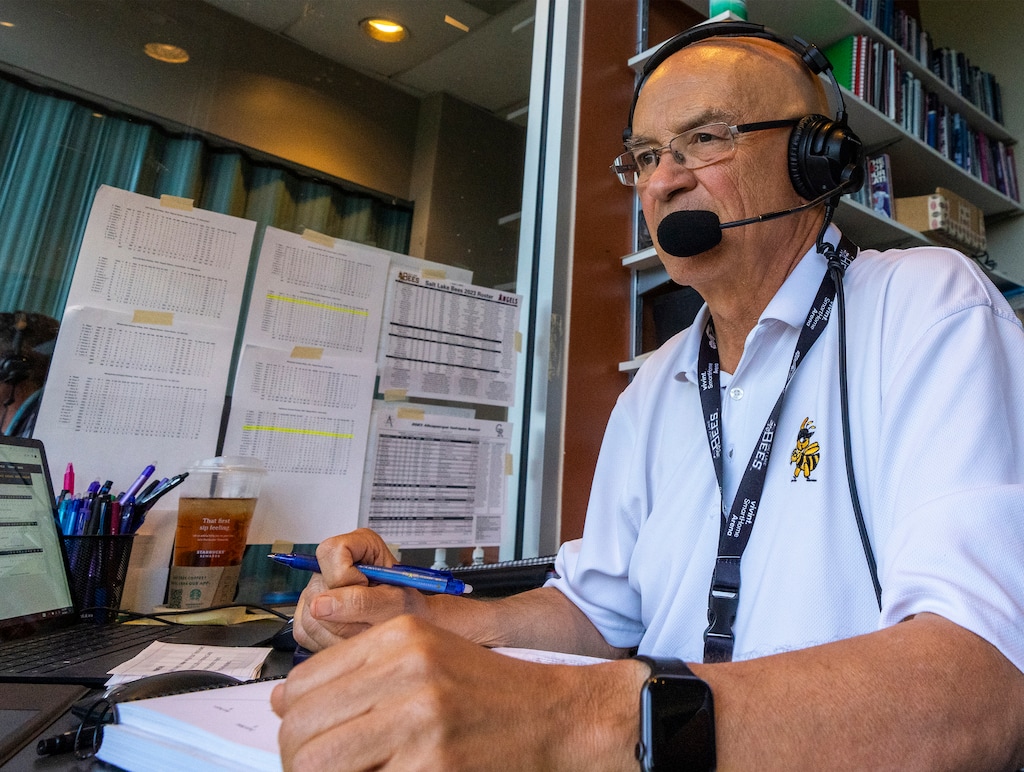 (Rick Egan | The Salt Lake Tribune)   Steve Klauke gives the play-by-play of the Salt Lake Bee's baseball game, on Thursday, June 1, 2023.