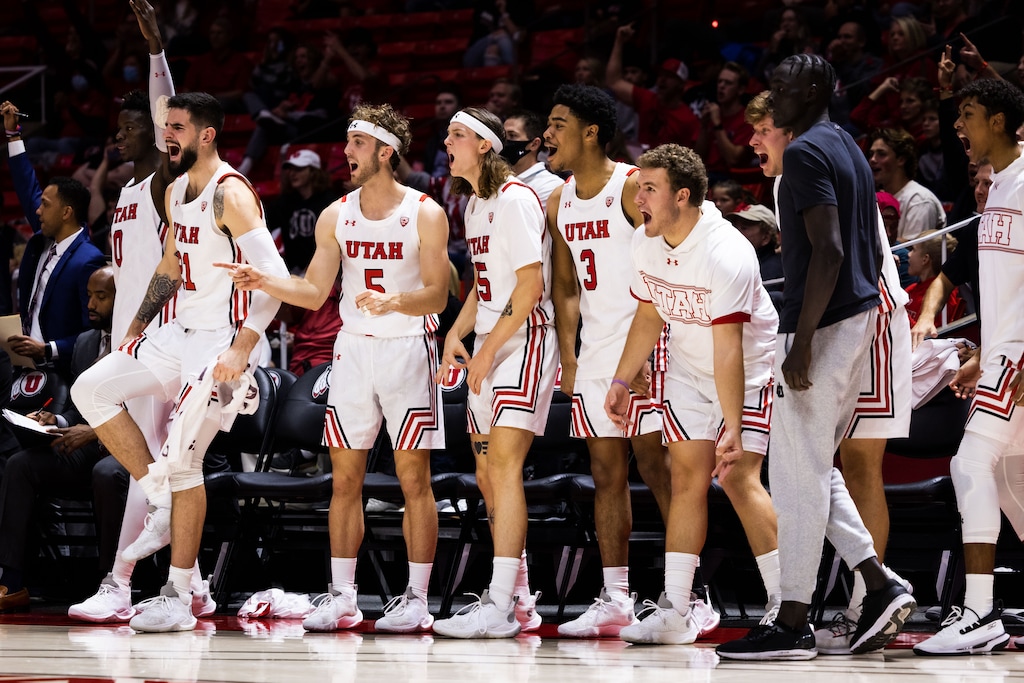 November 9, 2021, Salt Lake City, UT:The University of Utah Utes Men’s Basketball team takes on the Abilene Christian Wildcats at the Jon M. Huntsman Center in Salt Lake City, Utah on Tuesday, November 9, 2021.  (Photo by Nick Grace/University of Utah)