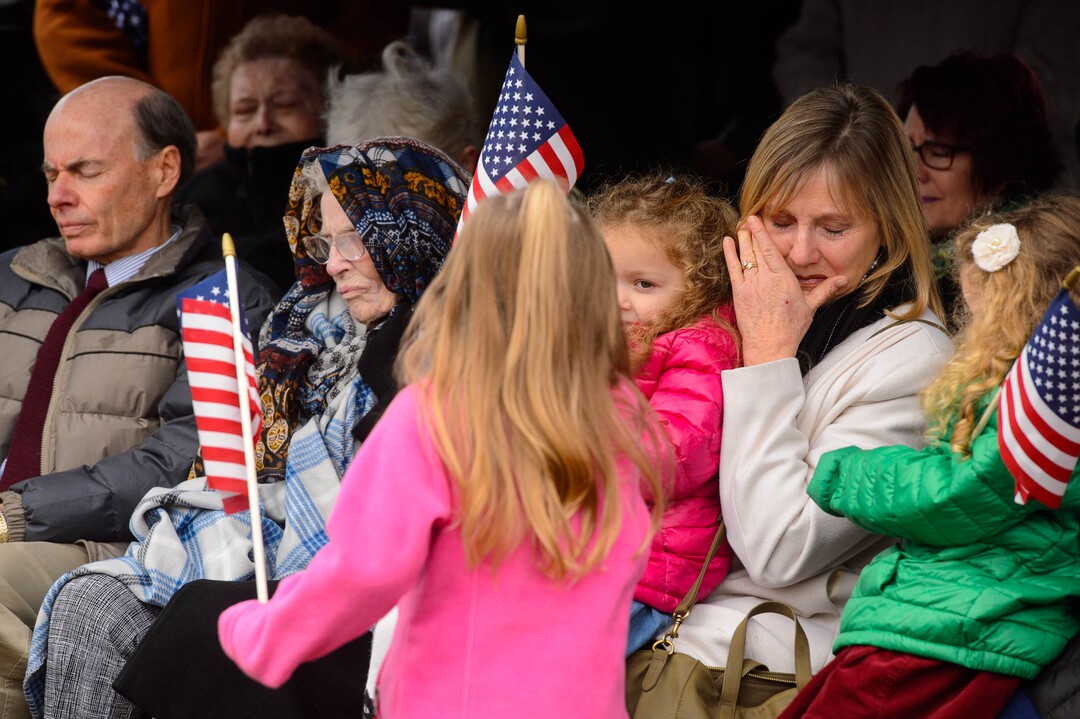 (Trent Nelson  |  The Salt Lake Tribune)
Services for Marine Pfc. Robert J. Hatch at the Bountiful City Cemetery on Saturday, Dec. 14, 2019. Hatch was killed in action Nov. 22, 1943 on the island of Betio. From left, Ira Hatch, Charmain Hatch, Charlotte, Siena Suarez, Jan Hatch, and Mila Suarez.