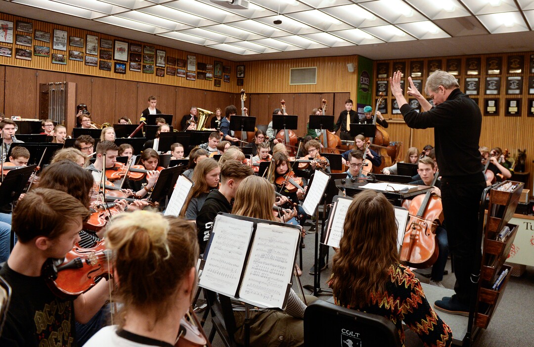Leah Hogsten  |  The Salt Lake Tribune    Utah Symphony Music Director Thierry Fischer is helping to hone the skills of Cottonwood High School symphony musicians in bringing to life Stravinsky's "The Firebirdâ" through the first Adopt a School pilot program. They will culminate in the performance of the piece on May 20, with Maestro Fischer conducting the live streamed event to other participating Utah orchestras who will be following along as the state's largest "Super Orchestra."