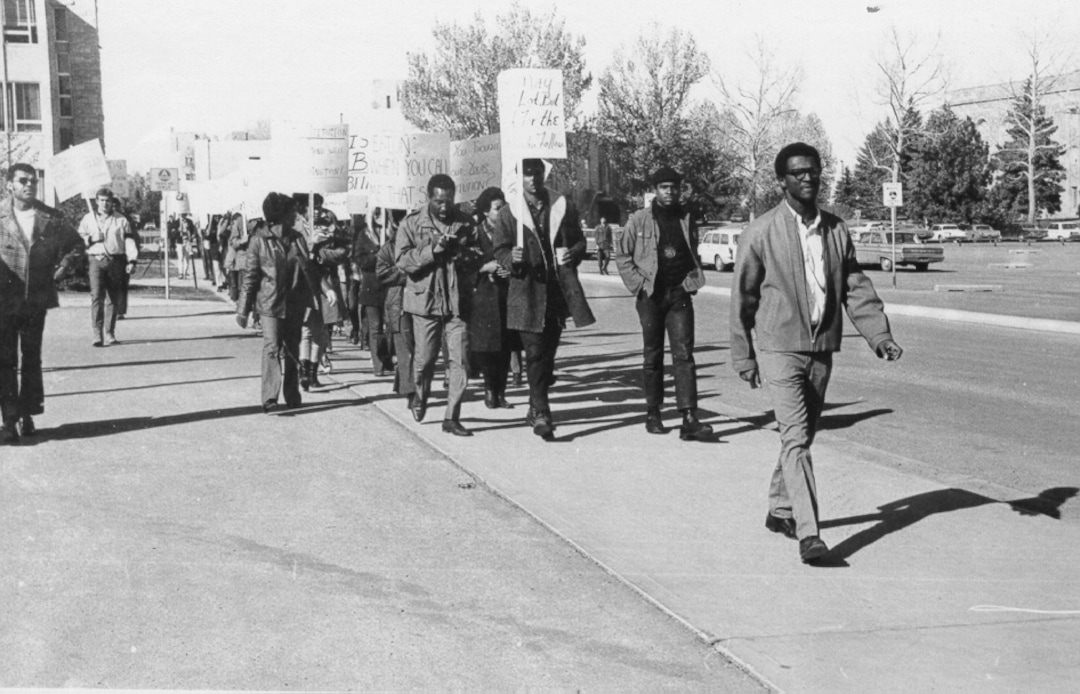 (photo courtesy the University of Wyoming) Willie Black leads a group of protesters. Behind him are teammates Mel Hamilton, Jerry Berry and Willie Hysaw.photo courtesy the University of Wyoming