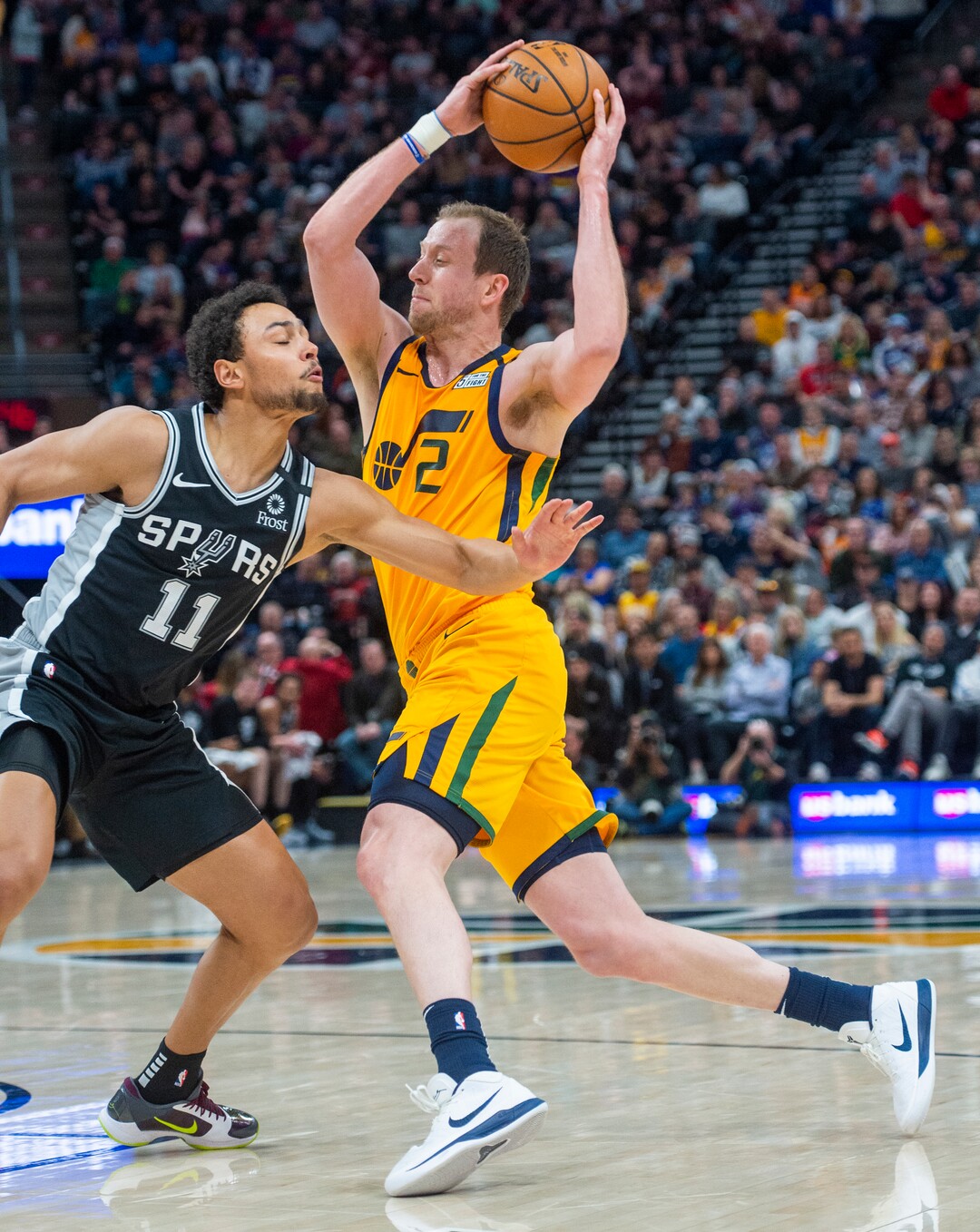 (Rick Egan  |  The Salt Lake Tribune)    Utah Jazz guard Joe Ingles (2) gets past San Antonio Spurs guard Bryn Forbes (11), in NBA action between the Utah Jazz and the San Antonio Spurs, in Salt Lake City, Friday, Feb. 21, 2020.