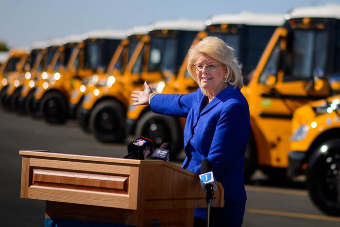 (Trent Nelson | The Salt Lake Tribune)
Dr. Patrice Johnson speaks at a news conference introducing thirty-six new CNG school buses have been added to the Jordan School District fleet this year, bringing the total to 105, the largest fleet of CNG school buses in Utah. Wednesday Sept. 12, 2018.