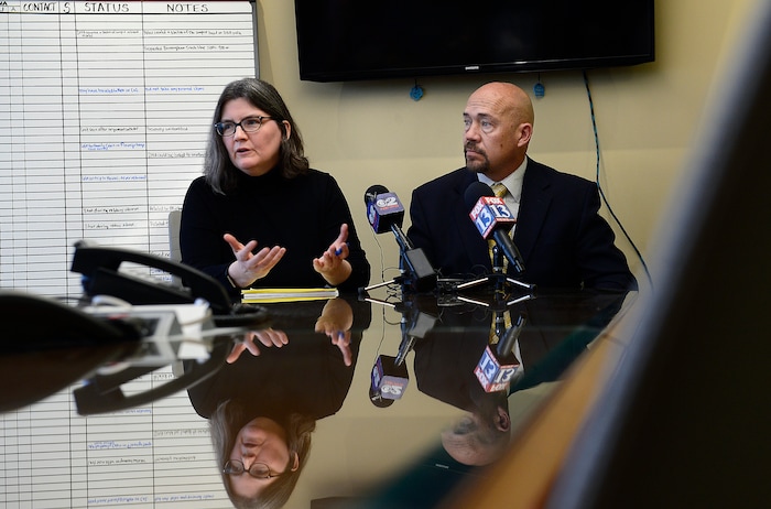 (Scott Sommerdorf   |  The Salt Lake Tribune)   
Utah Cold Case Coalition co-founders Karra Porter, left, and Jason Jensen, speak about proposed legislation, nicknamed "Rosie's Bill," that would lobby for a centralized database for all cold cases in the state, Thursday, January 18, 2018.