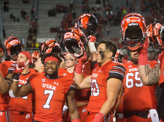 Utah Utes celebrates their win over the Colorado Buffaloes, in PAC-12 football action Utah Utes vs. Colorado Buffaloes at Rice-Eccles stadium, Saturday, November 25, 2017.