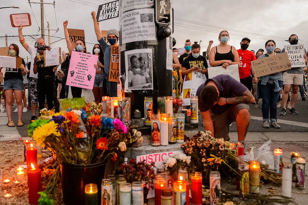 (Trent Nelson  |  The Salt Lake Tribune) People gather at the site where Bernardo Palacio-Carbajal was killed by pollice, in Salt Lake City on Saturday, June 13, 2020.