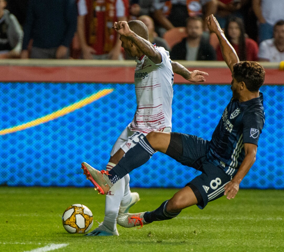 (Rick Egan  |  The Salt Lake Tribune)       Los Angeles Galaxy midfielder Jonathan dos Santos (8) goes after Real Salt Lake defender Justen Glad (15), in MLS soccer action between Real Salt Lake and Los Angeles Galaxy at Rio Tinto Stadium, Wednesday, Sept. 25, 2019.