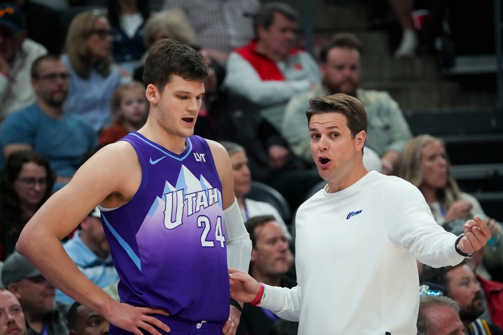 (Bethany Baker  |  The Salt Lake Tribune) Utah Jazz center Walker Kessler (24) listens to Utah Jazz head coach Will Hardy during the game against the Memphis Grizzlies at Delta Center in Salt Lake City on Tuesday, March 25, 2025.