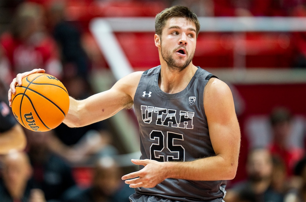 (Rick Egan | The Salt Lake Tribune) Ute guard Rollie Worster (25), leads a Utah fast break, in basketball action between the Utah Utes and the Cal State Bakersfield Roadrunners, at the Jon M. Huntsman Center, on Friday, Nov. 11, 2022.