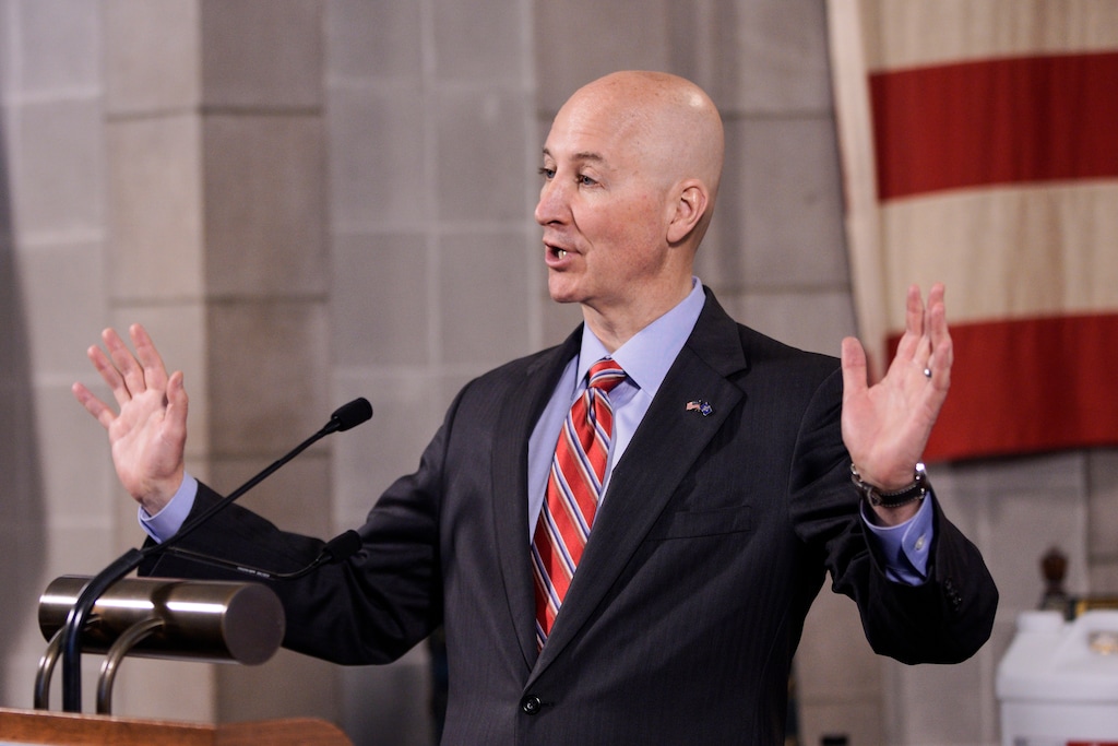 (Nati Harnik | AP) Neb. Gov. Pete Ricketts speaks at a news conference in Lincoln, Neb., Friday, May 1, 2020.