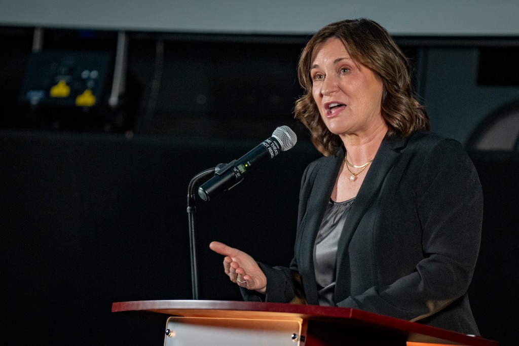 (Rick Egan | The Salt Lake Tribune) Salt Lake County Mayor Jenny Wilson gives her State of The County Address at the Clark Planetarium, on Tuesday, Feb 4, 2025. Wilson sent a letter to Department of Homeland Security Secretary Markwayne Mullin last week, urging the secretary to reconsider the site of a planned ICE facility in Salt Lake City.

