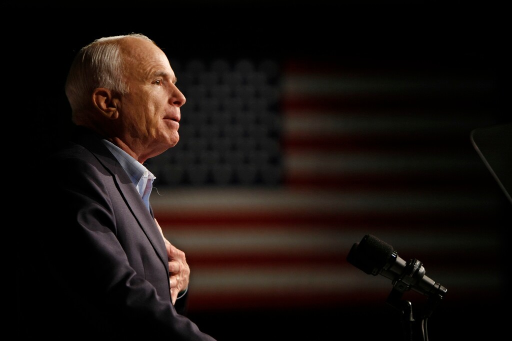 (Gerald Herbert | The Associated Press) In this Oct. 11, 2008, file photo, Republican presidential candidate Sen. John McCain, R-Ariz., speaks at a rally in Davenport, Iowa. Arizona Sen. McCain, the war hero who became the GOP's standard-bearer in the 2008 election, has died. He was 81. His office says McCain died Saturday, Aug. 25, 2018. He had battled brain cancer.