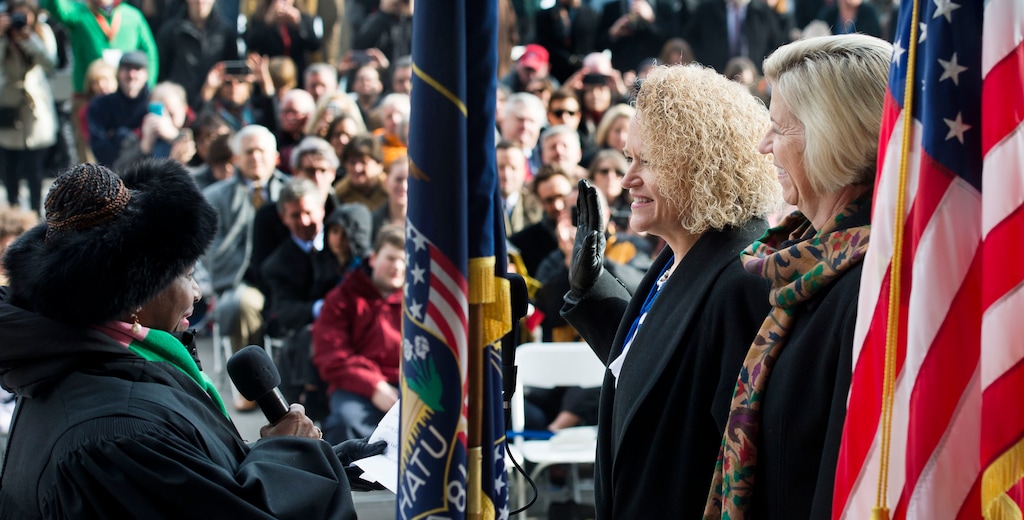 (Steve Griffin  | Tribune file photo) Salt Lake County Presiding Judge Shauna Graves-Robertson administers the Oath of Office to Salt Lake Mayor Jackie Biskupski in Salt Lake City on Monday, January 4, 2016. 
