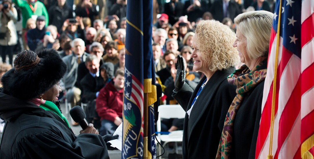 (Steve Griffin  | Tribune file photo) Salt Lake County Presiding Judge Shauna Graves-Robertson administers the Oath of Office to Salt Lake Mayor Jackie Biskupski in Salt Lake City on Monday, January 4, 2016.