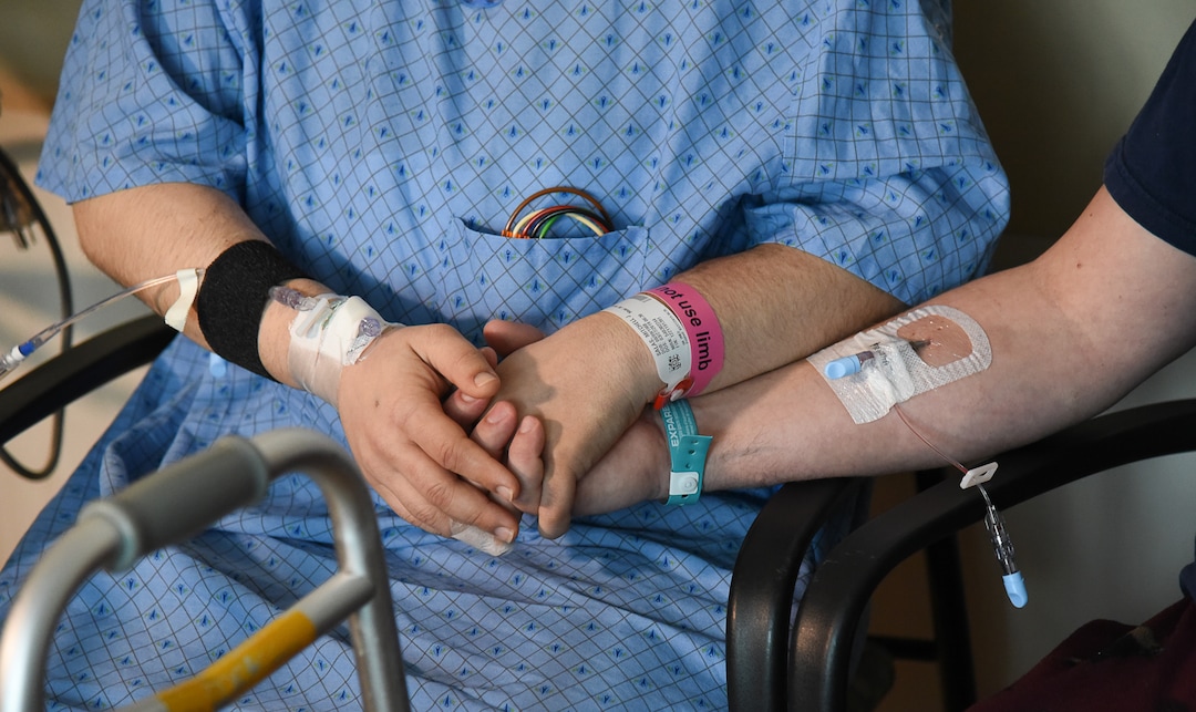 (Francisco Kjolseth  |  The Salt Lake Tribune)  Matthew Thompson and Mitchell Salas, once complete strangers embrace after Matthew generously donated a kidney to the other as a Good Samaritan organ donation at Intermountain Medical Center earlier this week. The two, who are still in the hospital met for the first time on Friday, March 29, 2019.
