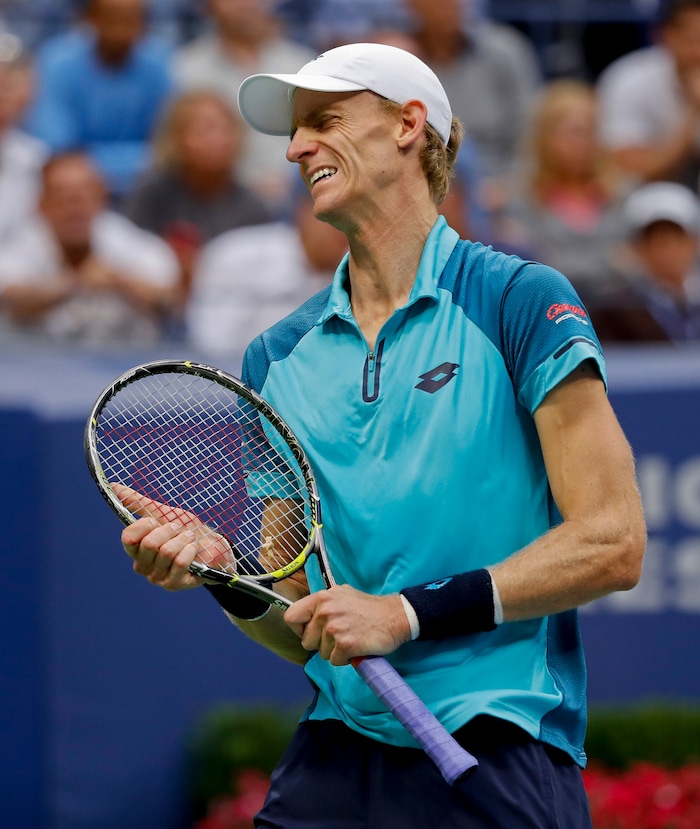 Kevin Anderson, of South Africa, reacts after giving up a point to Rafael Nadal, of Spain, during the men's singles final of the U.S. Open tennis tournament, Sunday, Sept. 10, 2017, in New York. (AP Photo/Adam Hunger)