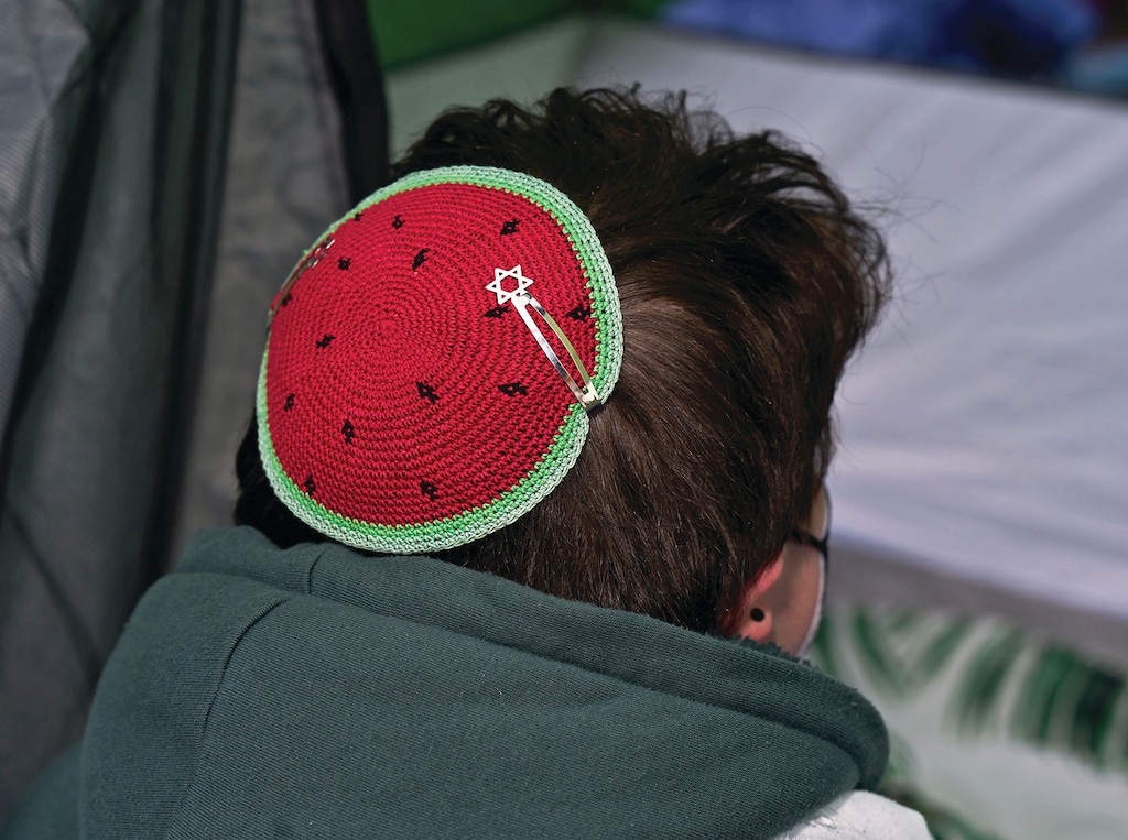 A Jewish student during student demonstrations at the Gaza Solidarity Encampment on the campus of Columbia University in New York on April 21, 2024.  (Bing Guan/The New York Times)