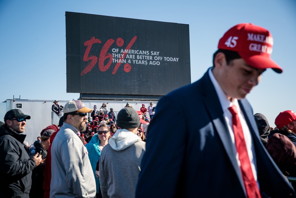(Damon Winter | The New York Times)
Supporters wait to hear President Donald Trump speak at a campaign rally in Fayetteville, N.C., Nov. 2, 2020. "Just as ignorance was strength in George Orwell’s '1984,' shamelessness is virtue in Trump’s G.O.P.," writes New York Times columnist Bret Stephens.
