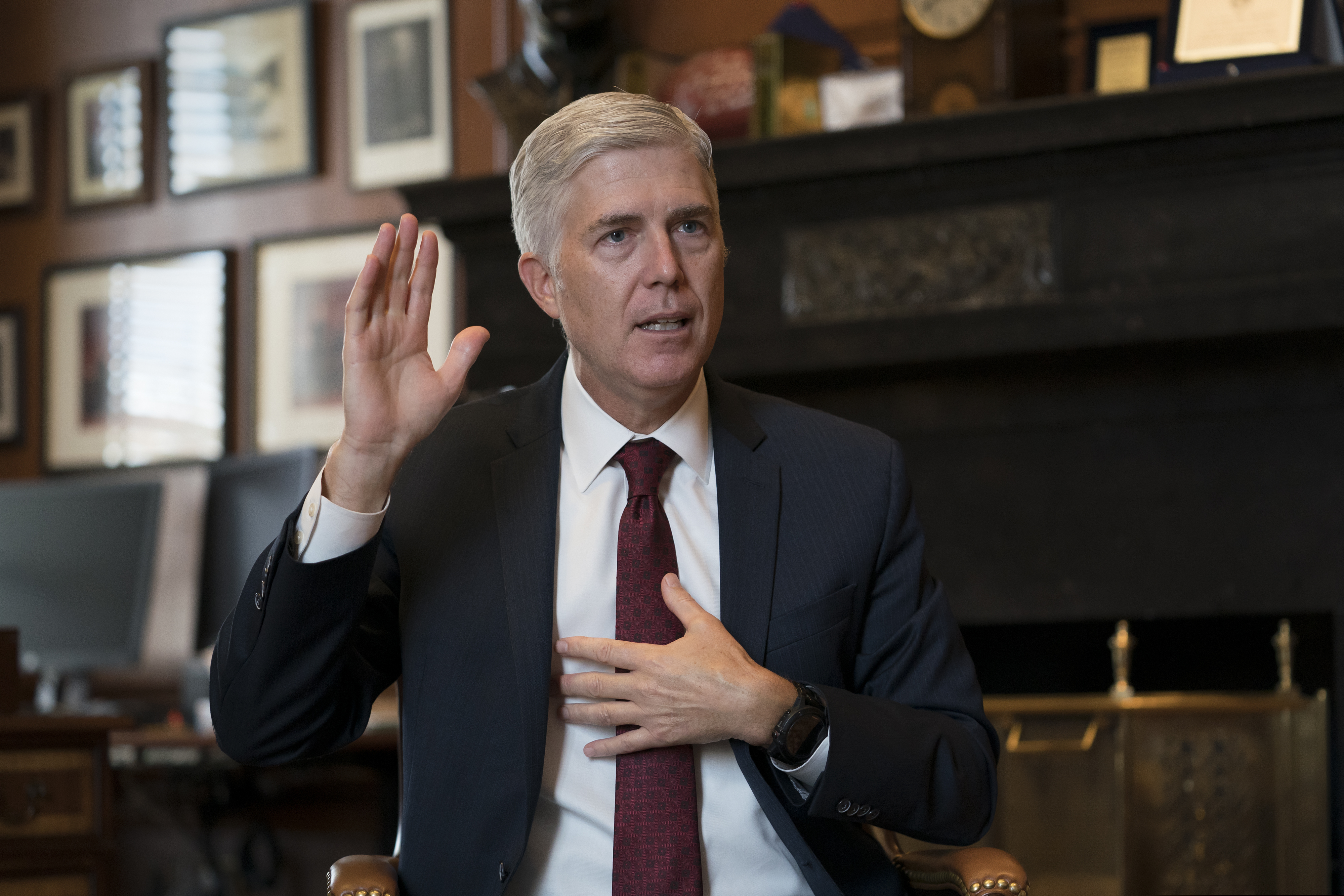 (J. Scott Applewhite | AP file photo) Associate Justice Neil Gorsuch, President Donald Trump's first appointee to the high court, speaks to The Associated Press about events that have influenced his life and the loss of civility in public discourse, in his chambers at the Supreme Court in Washington on Wednesday, Sept. 4, 2019. Gorsuch has written a new book on the importance of civics and civility, and a defense of his preferred originalism method of interpreting laws and the Constitution.