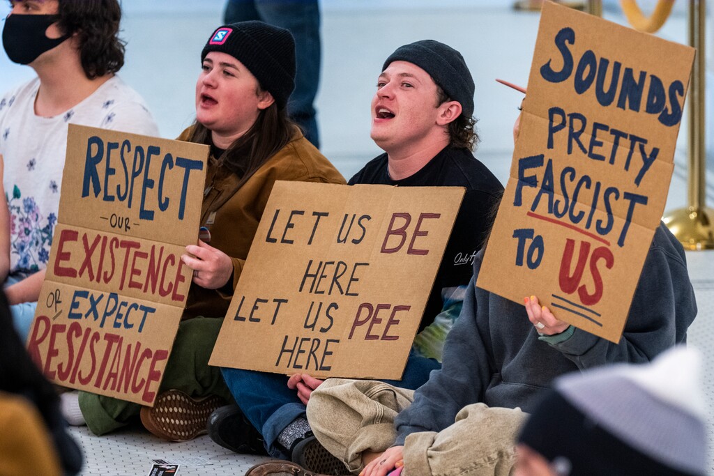 (Rick Egan | The Salt Lake Tribune)   A group of protestors called the Armed Queers, chant during a demonstration inside the Capitol in opposition to HB257, on Tuesday, Jan. 23, 2024.