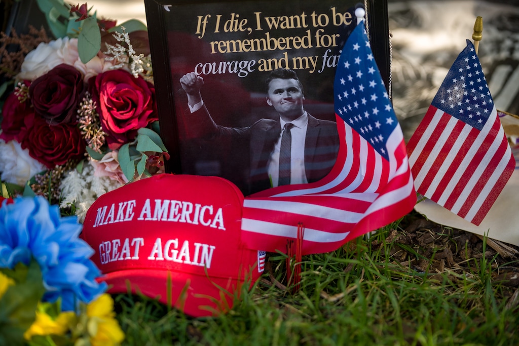 (Trent Nelson  |  The Salt Lake Tribune) Memorials to Charlie Kirk at Utah Valley University in Orem sooner after his slaying.