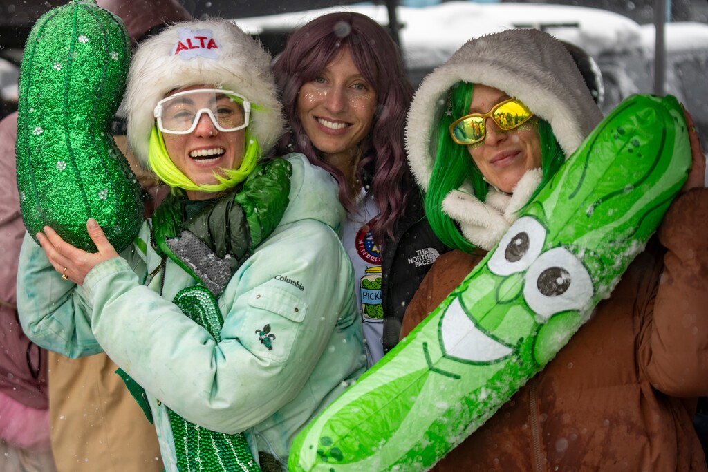 (Rick Egan | The Salt Lake Tribune) Girls from "Pickle! at the the disco" party in the parking lot on the final ski day at Alta, on Sunday, April 26, 2026.