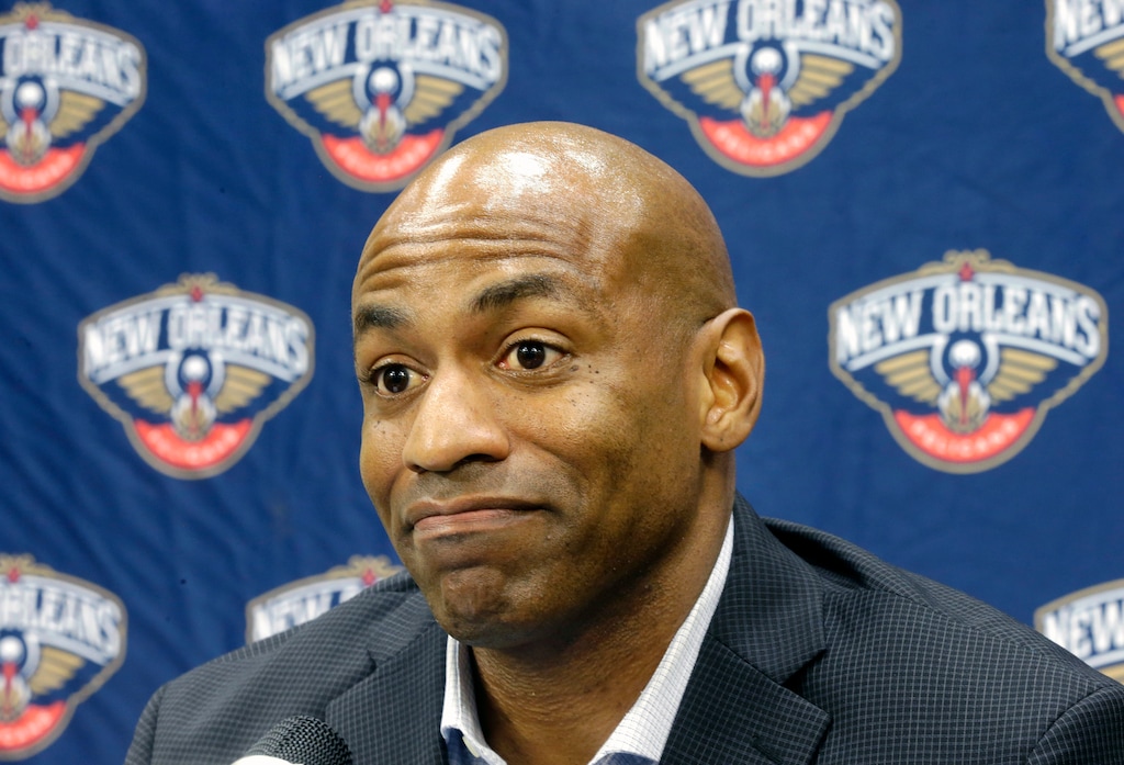 FILE - In this May 12, 2015, file photo, New Orleans Pelicans general manager Dell Demps speaks during an NBA basketball news conference at the team's practice facility in Metairie, La. A person familiar with the situation says the Pelicans have fired general manager Dell Demps.
The person spoke to The Associated Press on condition of anonymity on Friday, Feb. 15, 2019, because the club has not announced it. Demps did not immediately return voice and text messages left with him Friday morning. (AP Photo/Gerald Herbert, File)