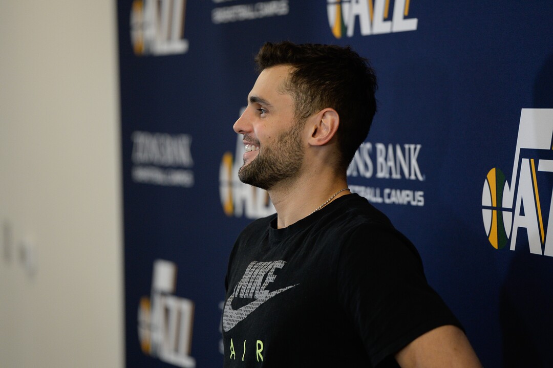 (Francisco Kjolseth  |  The Salt Lake Tribune)  Utah Jazz      guard Raul Neto speaks with the media during exit interviews at their practice facility in Salt Lake City Wed., May 8, 2018, after losing to the Houston Rockets in game 5 of their Western Conference Semifinals during the 2018 NBA Playoffs.