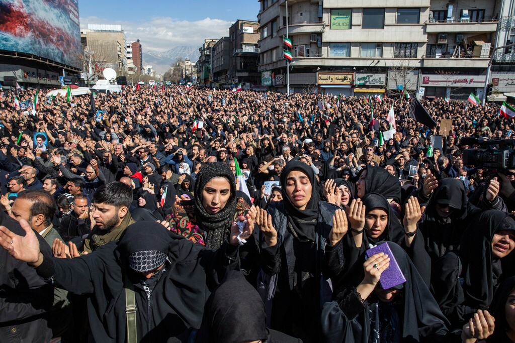 (Arash Khamooshi | The New York Times) People mourn the killing of Iran’s Supreme Leader Ayatollah Ali Khamenei at a rally in Tehran, Iran, on Sunday, March 1, 2026, a day after he was killed in coordinated U.S. and Israeli airstrikes.