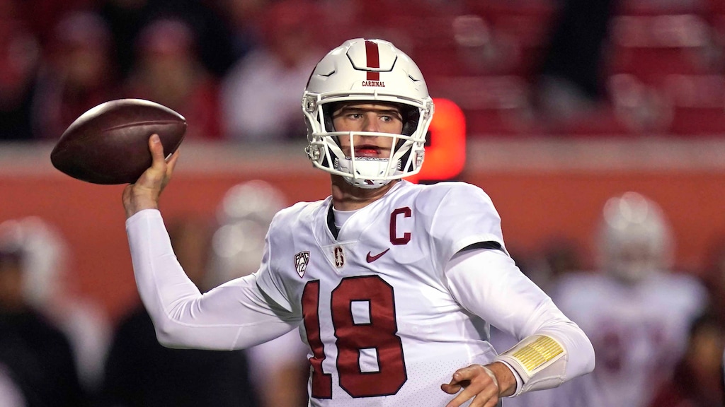 Stanford quarterback Tanner McKee (18) throws against Utah during the second half of an NCAA college football game against Utah Saturday, Nov. 12, 2022, in Salt Lake City. (AP Photo/Rick Bowmer)