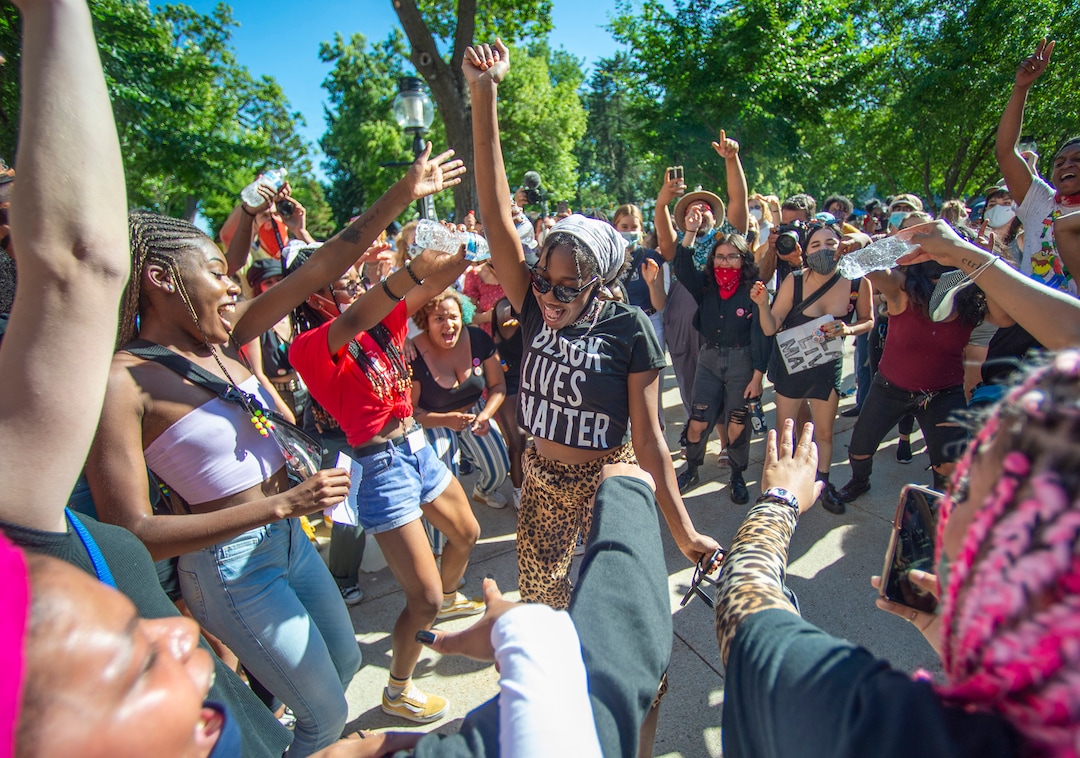 (Rick Egan  |  The Salt Lake Tribune)  revelers dance during the Juneteenth celebration at Washington Square in Salt Lake City on Friday, June 19, 2020.