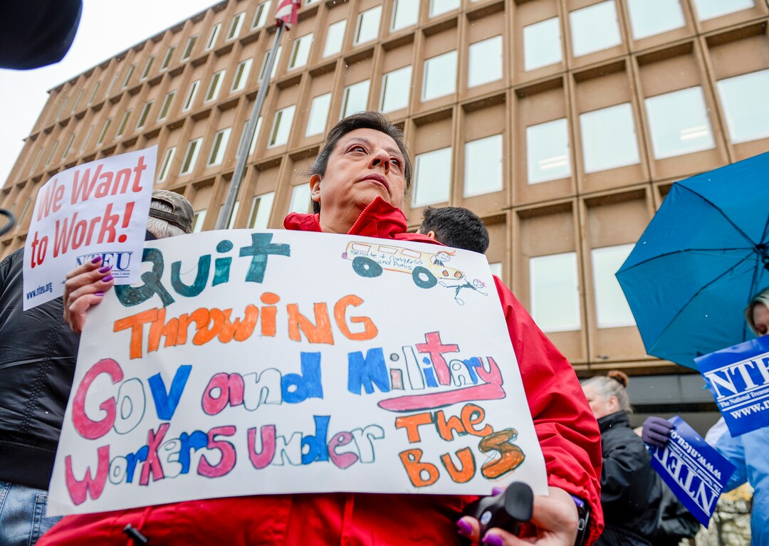 Leah Hogsten  |  The Salt Lake Tribune  Internal Revenue Service customer service representative Diane Zelazny's eyes filled with tears from worry for her fellow IRS employees who don't have a spouse bringing in a second income and are under great stress and anxiety during a rally in protest of the ongoing partial federal shutdown outside Federal Building in Ogden, Jan. 10, 2019.