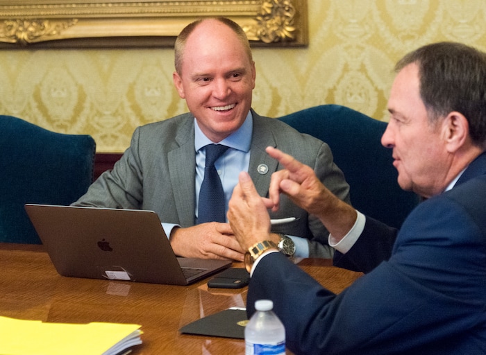(Rick Egan  |  The Salt Lake Tribune)      Justin Harding, chief of staff for Gov. Herbert, sits in a meeting with Gov. Herbert,  Sen. Stuart Adams and Rep. Brad Wilson, at the governor's office, Tuesday, July 17, 2018.


